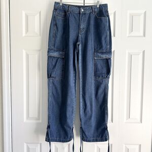SHEIN Denim Cargo Jeans Womens W32 L32 Blue Utility Straight Leg Ankle Strap Y2K